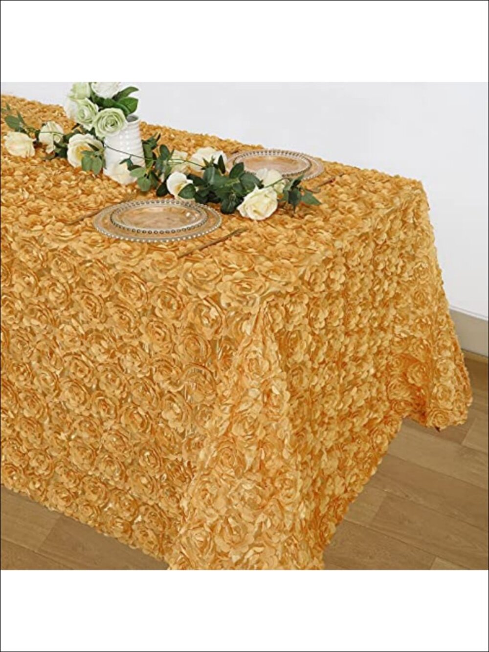 3D Floral Rosette Satin Tablecloth 50x102 Rectangular Dining Party Overlay